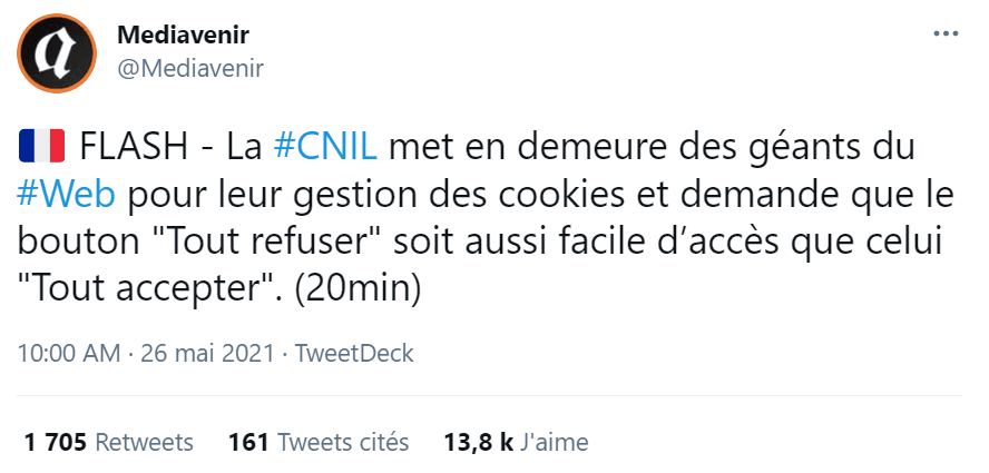 Mise en demeure par la CNIL tweet Médiavenir